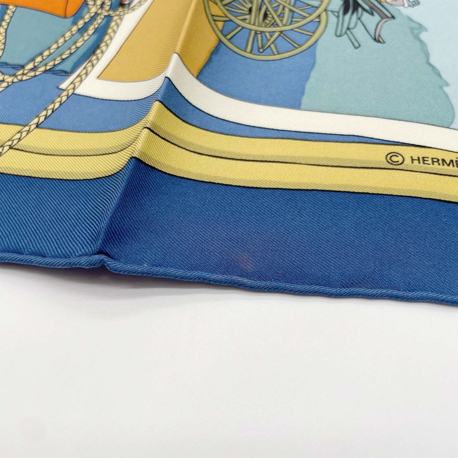 HERMES カレ90 Carriage Hat 馬車とハット 写真柄 大判 スカーフ ブルー