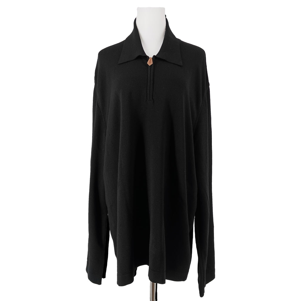 HERMES エルメス レザー引⼿ ハーフジップニット ブラック レディース XL