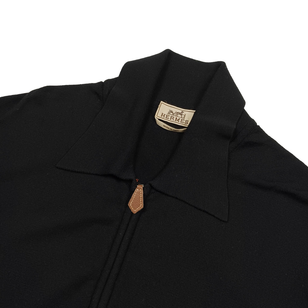 HERMES エルメス レザー引⼿ ハーフジップニット ブラック レディース XL