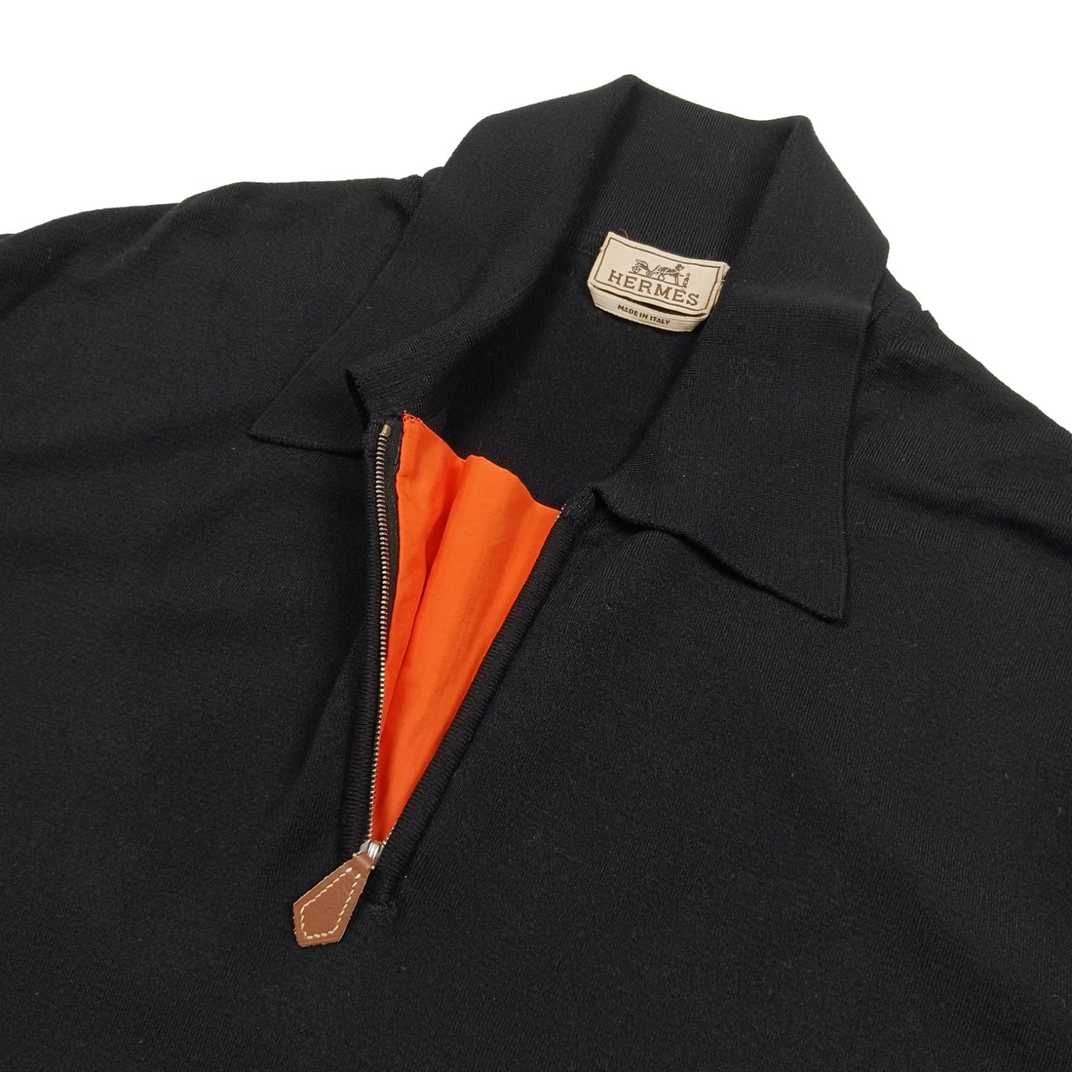 HERMES エルメス レザー引⼿ ハーフジップニット ブラック レディース XL