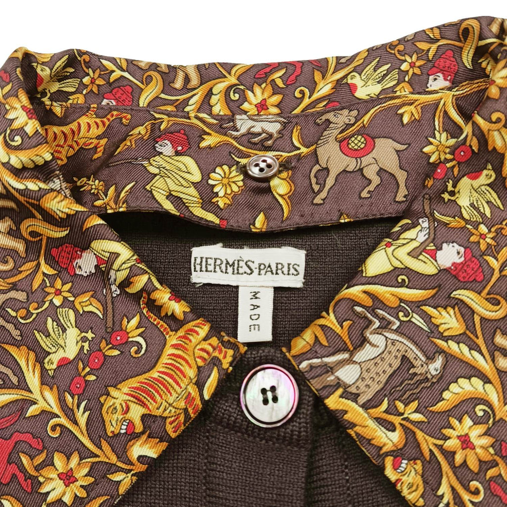 HERMES エルメス 襟付き ウールカーディガン L ブラウン イエロー インドの狩猟