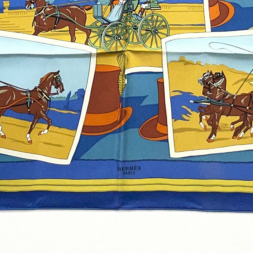 HERMES カレ90 Carriage Hat 馬車とハット 写真柄 大判 スカーフ ブルー