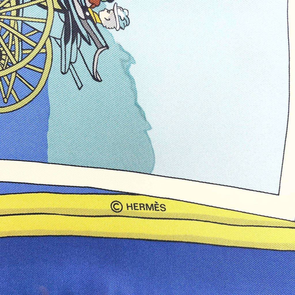 HERMES カレ90 Carriage Hat 馬車とハット 写真柄 大判 スカーフ ブルー