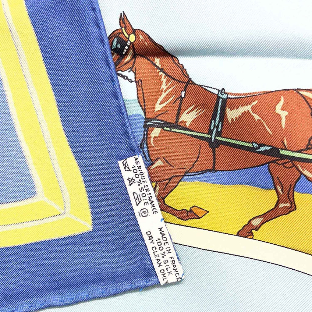 HERMES カレ90 Carriage Hat 馬車とハット 写真柄 大判 スカーフ ブルー