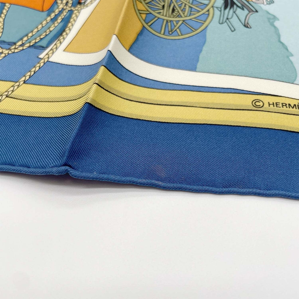 HERMES カレ90 Carriage Hat 馬車とハット 写真柄 大判 スカーフ ブルー
