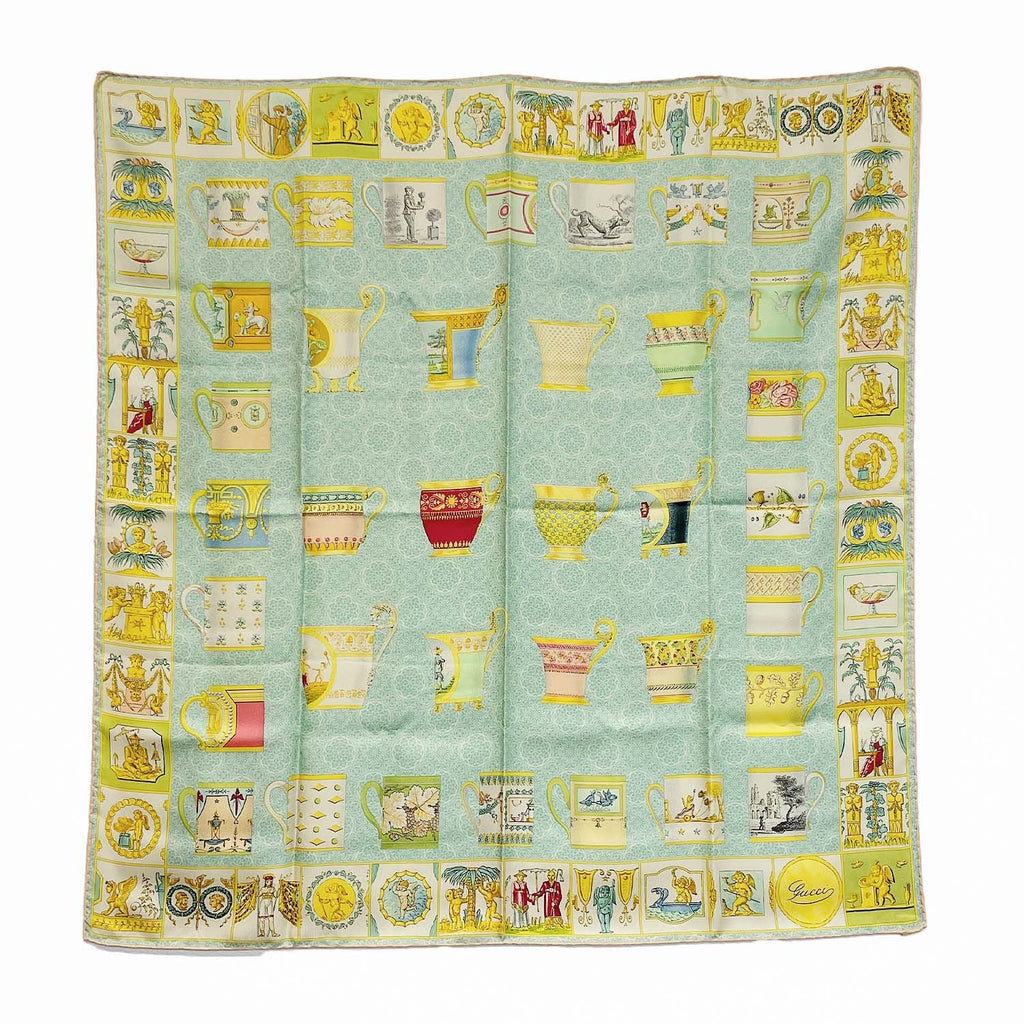 GUCCI グッチ 88cm×85cm スカーフ マグカップ 天使 レース柄 グリーン