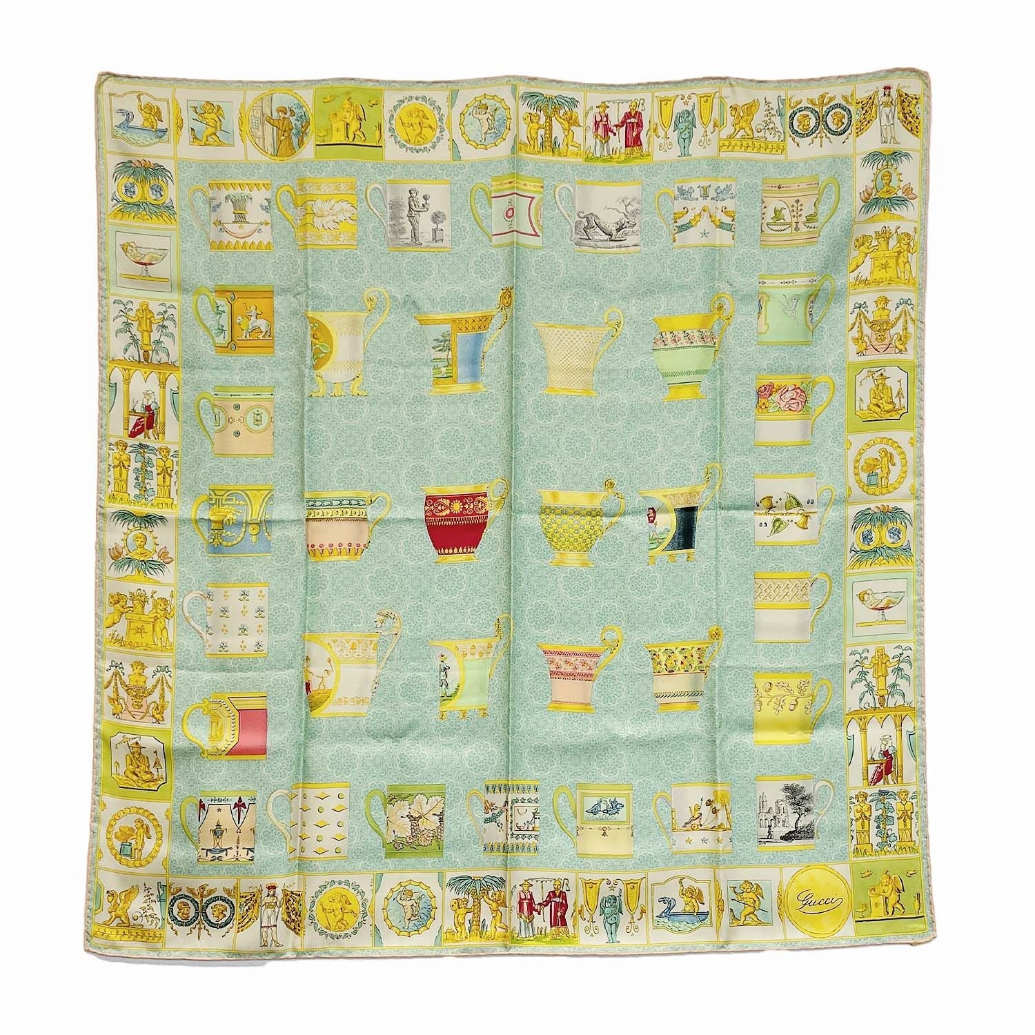 GUCCI グッチ 88cm×85cm スカーフ マグカップ 天使 レース柄 グリーン