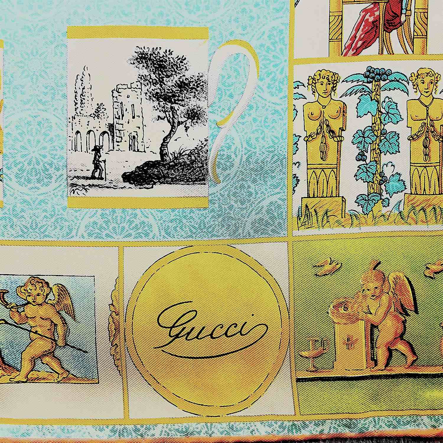 GUCCI グッチ 88cm×85cm スカーフ マグカップ 天使 レース柄 グリーン