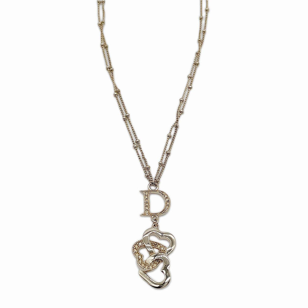 Dior ディオール ハート Dロゴ ネックレス 2連チェーン ラインストーン ペンダント