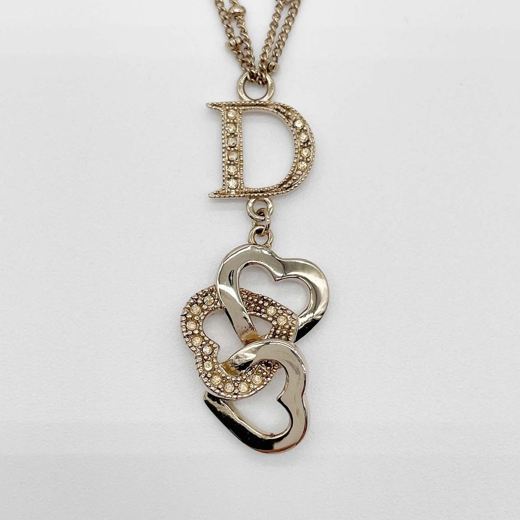 Dior ディオール ハート Dロゴ ネックレス 2連チェーン ラインストーン ペンダント