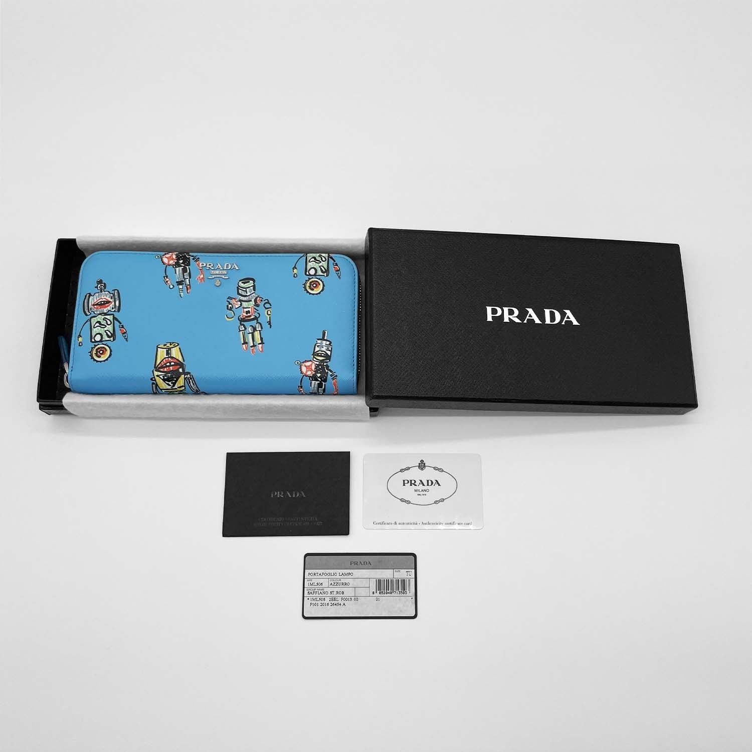 PRADA プラダ ラウンドファスナー長財布 1ML506 ロボット柄 ブルー