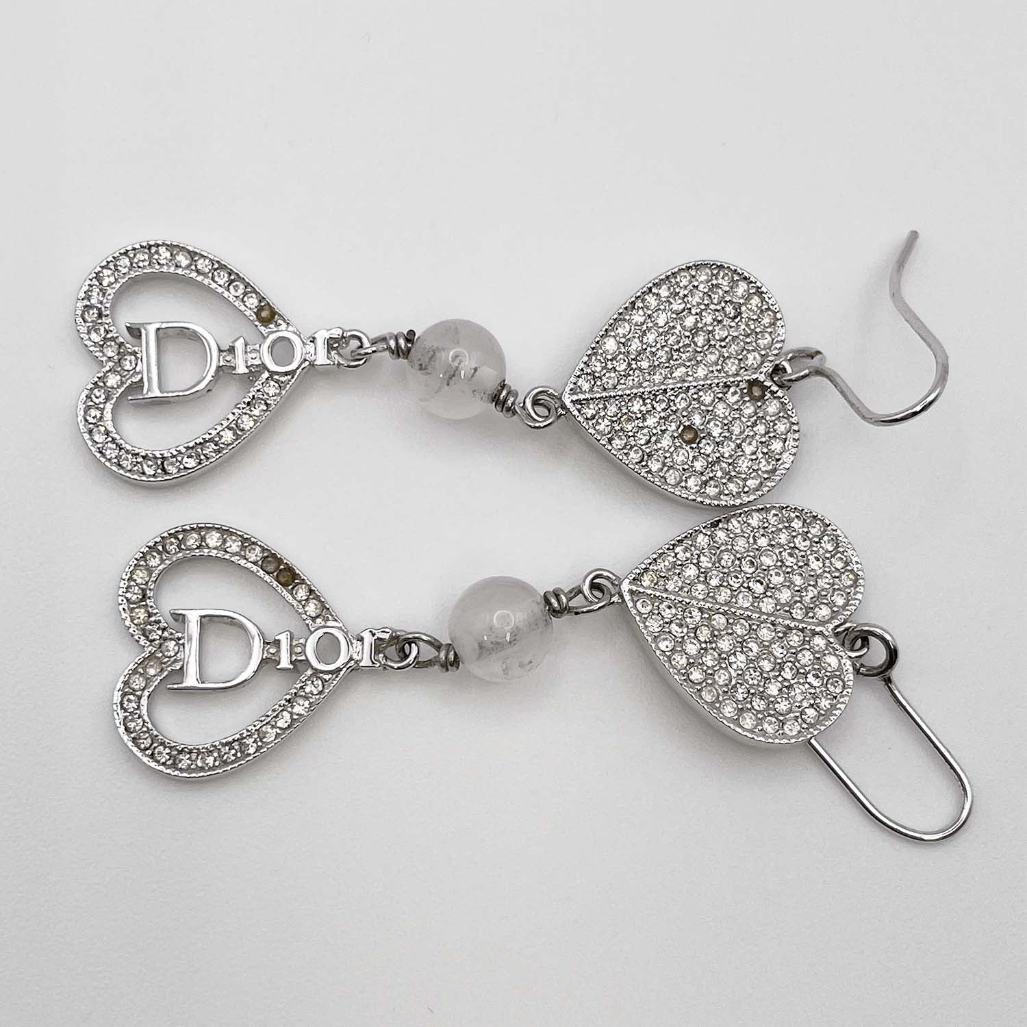 Dior ディオール ハート ピアス ロゴ ラインストーン スイング シルバー