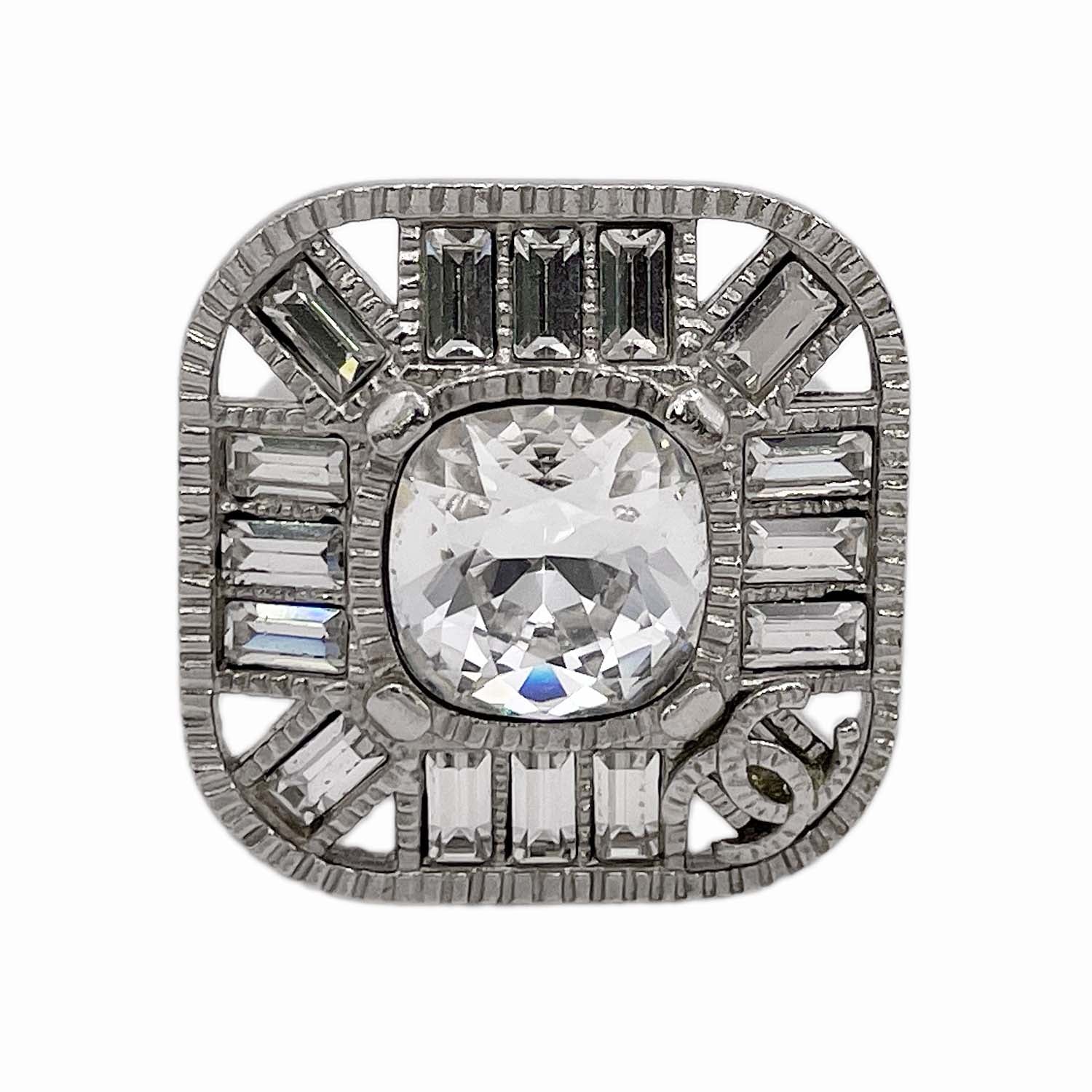 CHANEL シャネル リング 13号 クリアストーン 大ぶり ココマーク 09P シルバー