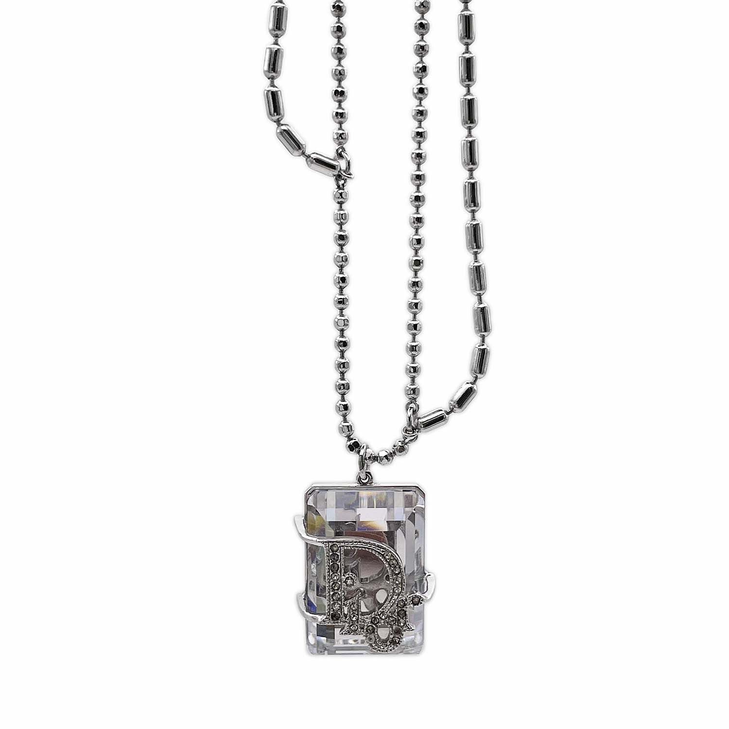 Dior ディオール ネックレス 大粒クリアストーン ロゴ ペンダント シルバー