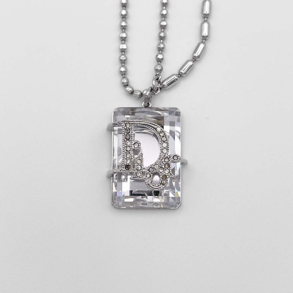 Dior ディオール ネックレス 大粒クリアストーン ロゴ ペンダント シルバー