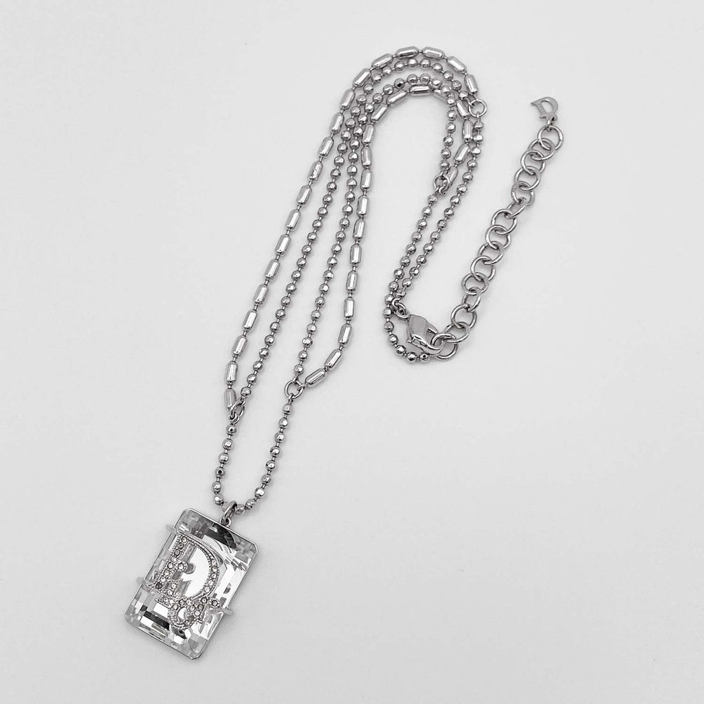 Dior ディオール ネックレス 大粒クリアストーン ロゴ ペンダント シルバー