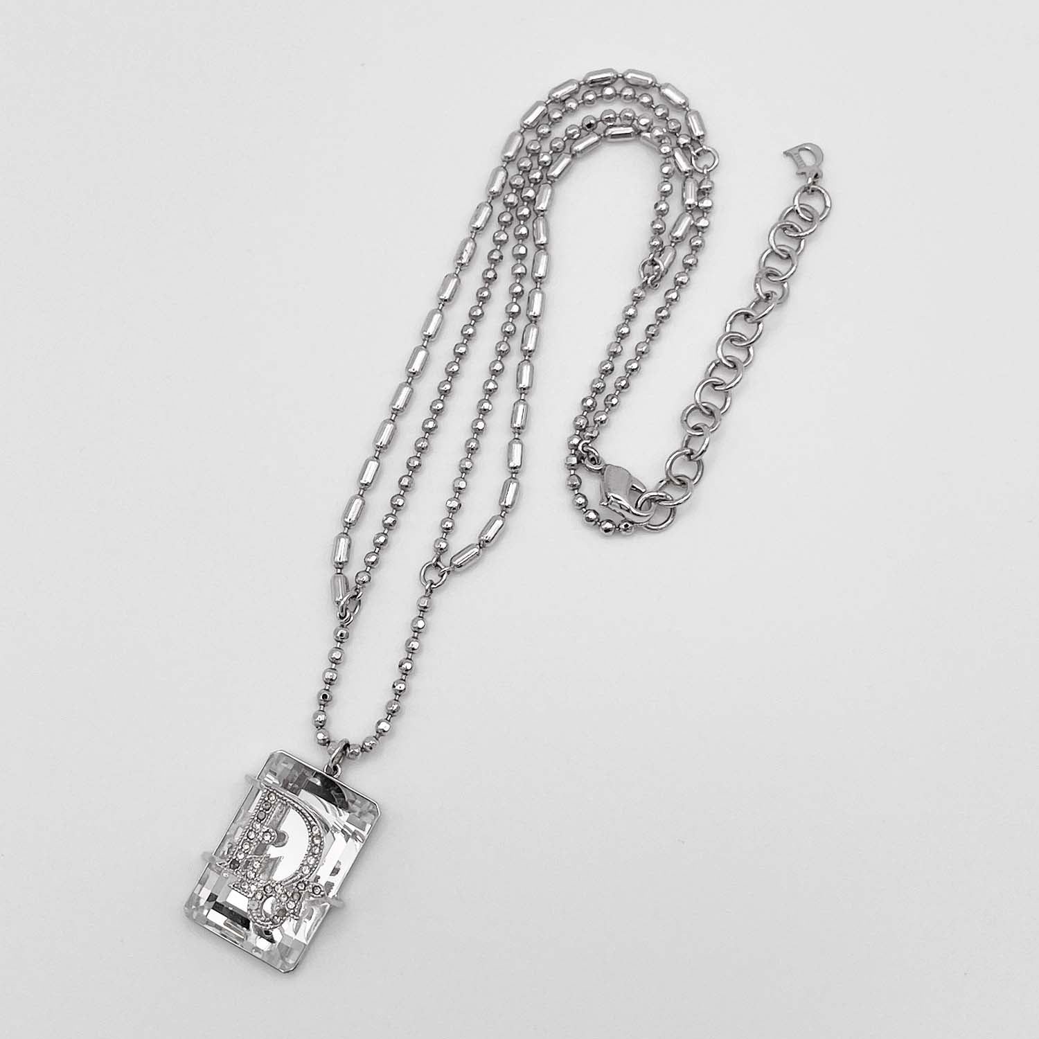 Dior ディオール ネックレス 大粒クリアストーン ロゴ ペンダント シルバー