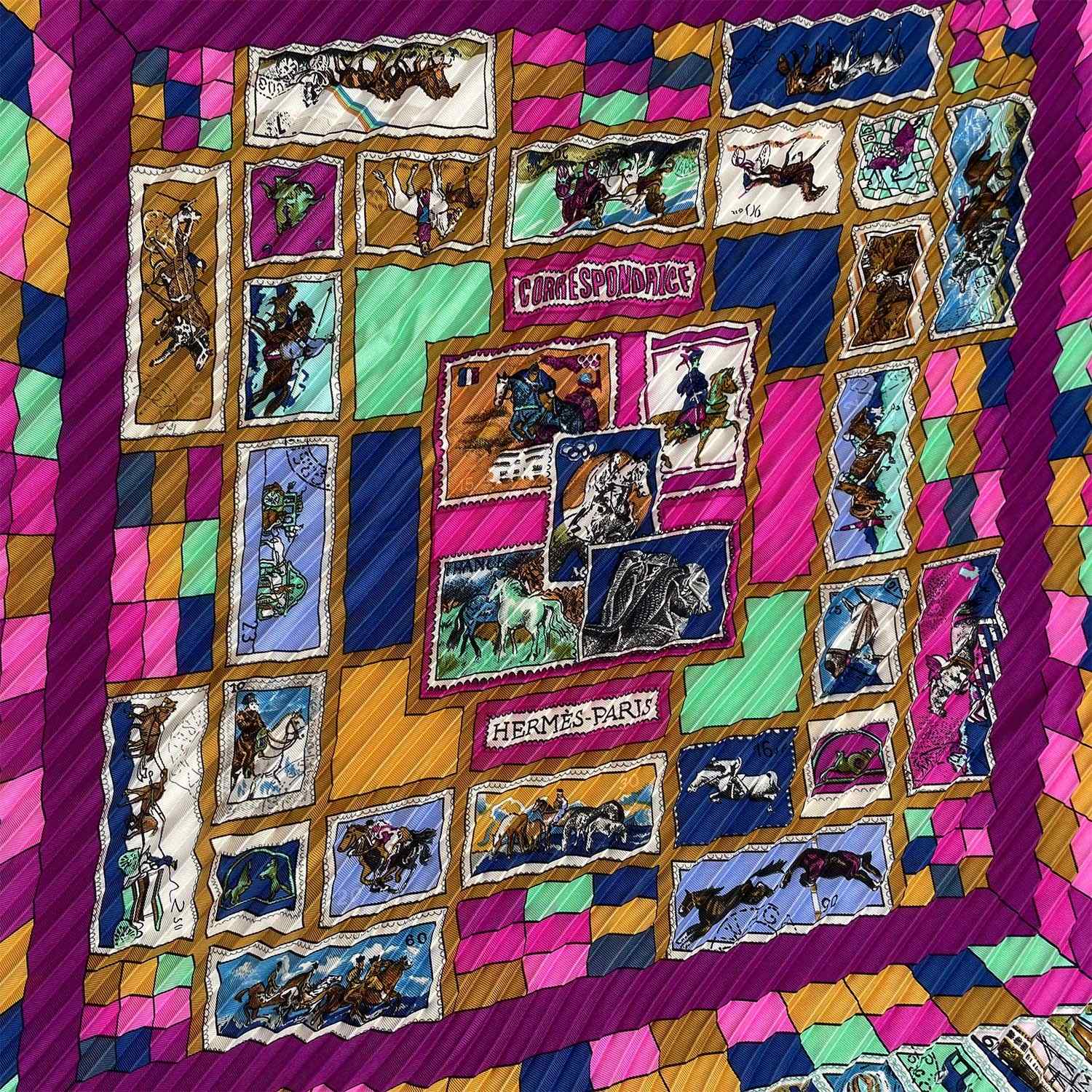 HERMES エルメス プリーツカレ90 CORRESPONDENCE 文通 スカーフ プリセ 切手柄