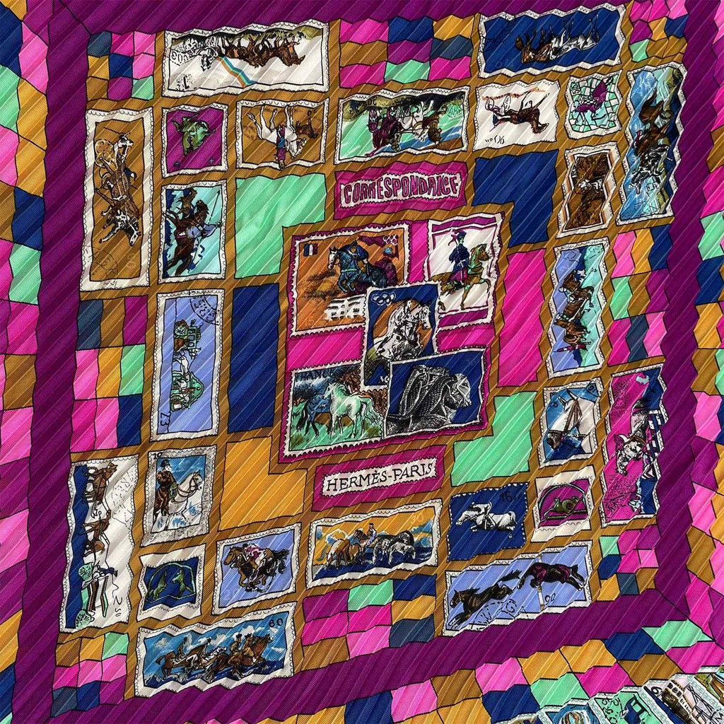 HERMES エルメス プリーツカレ90 CORRESPONDENCE 文通 スカーフ プリセ 切手柄