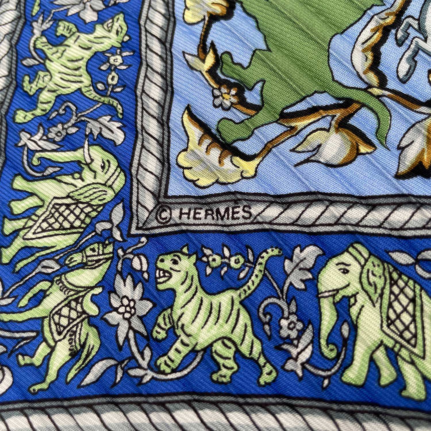 HERMES エルメス プリーツ カレ90 CHASSE EN INDE インドの狩猟 スカーフ プリセ 動物草木花