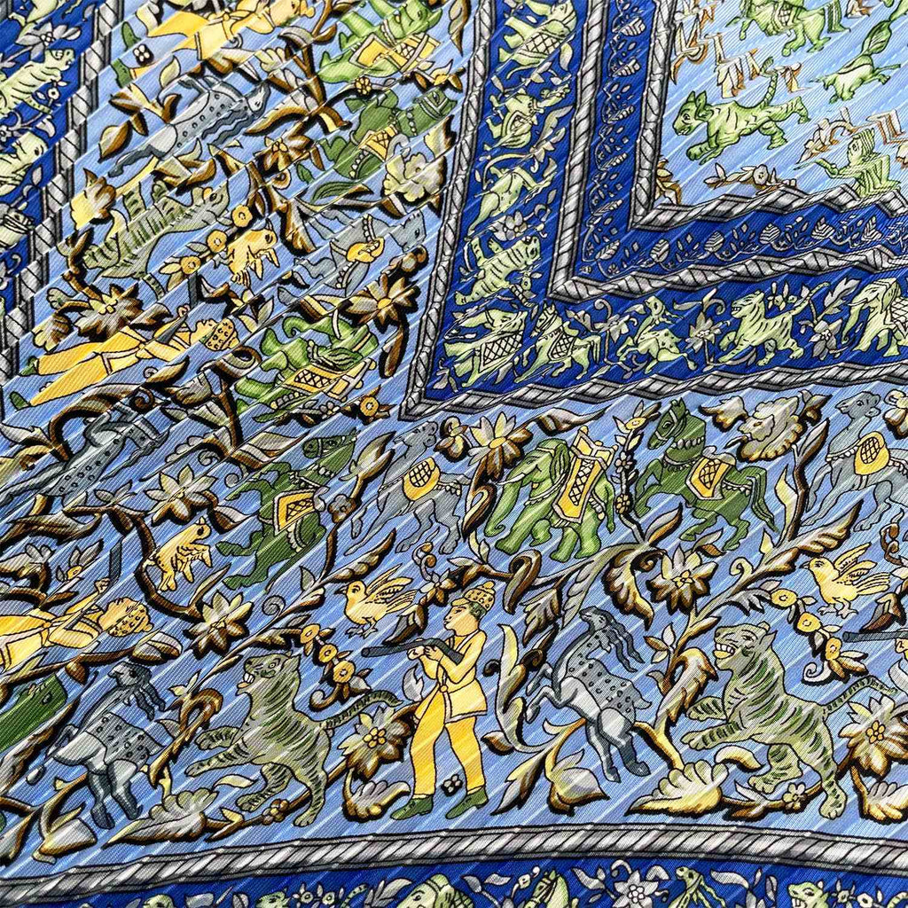 HERMES エルメス プリーツ カレ90 CHASSE EN INDE インドの狩猟 スカーフ プリセ 動物草木花