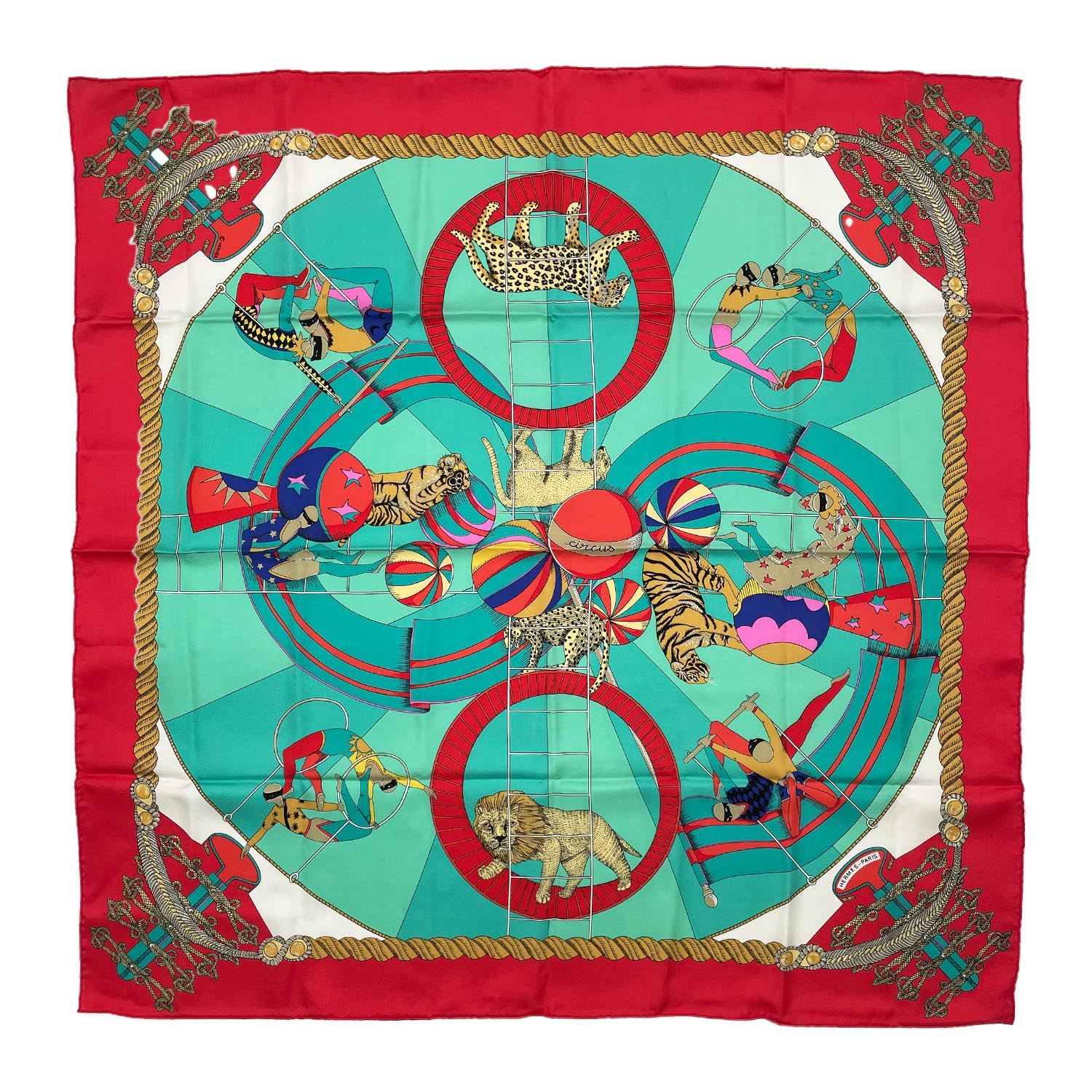 HERMES エルメス カレ90 Circus サーカス スカーフ 動物 レッド